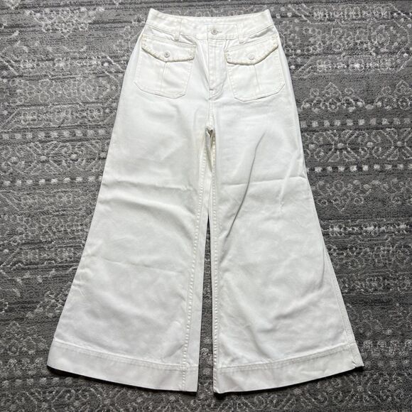 ZIMMERMANN Anneke Cropped Flared Jeans 28 Ivory Embroidered Trim Patch Pockets - Picture 1 of 10